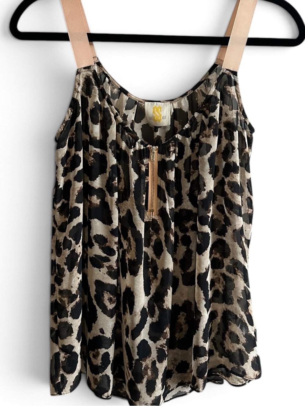 Boutique Leopard Print Chiffon Tank Top Gold Zip Front Flowy Blouse Size Small